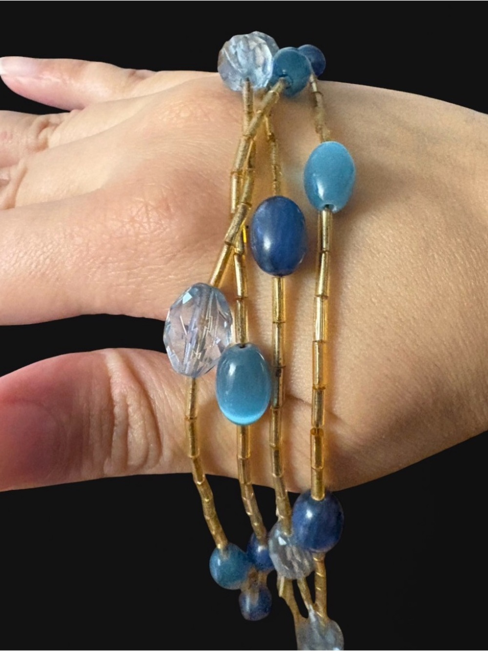 VTG Unbranded Multi Strand Blue Cat Eye Bead Necklace - Picture 3 of 5